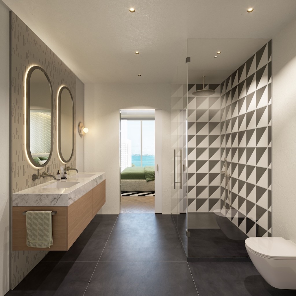ELLE Residences banyo — sage tonları, mermer detaylar